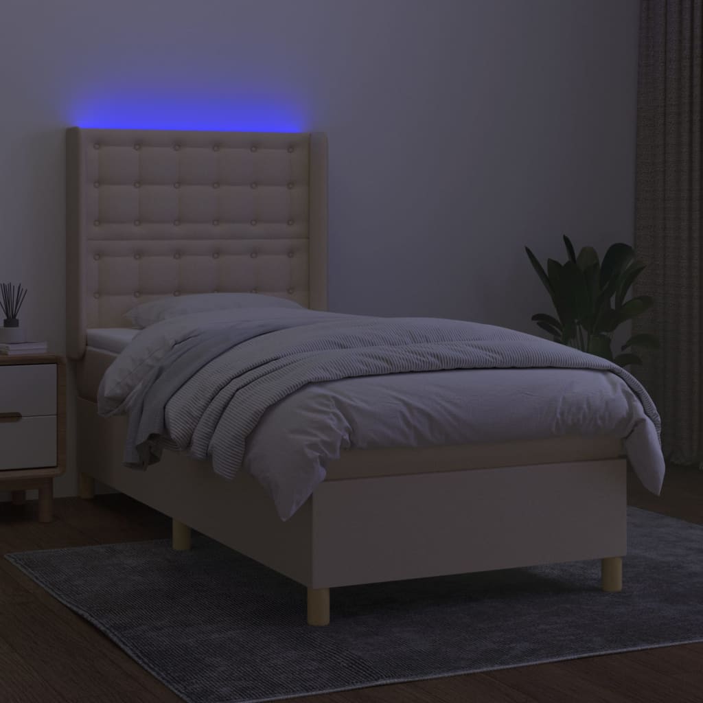 Lova su grotelėmis/čiužiniu/LED, kreminė, 90x200 cm, audinys